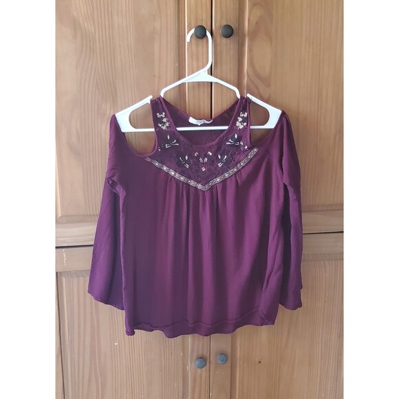 Rewind Womens Cold Shoulder Gauxy Peasant Blouse Red Purple Size XL Embroidered - Picture 1 of 11
